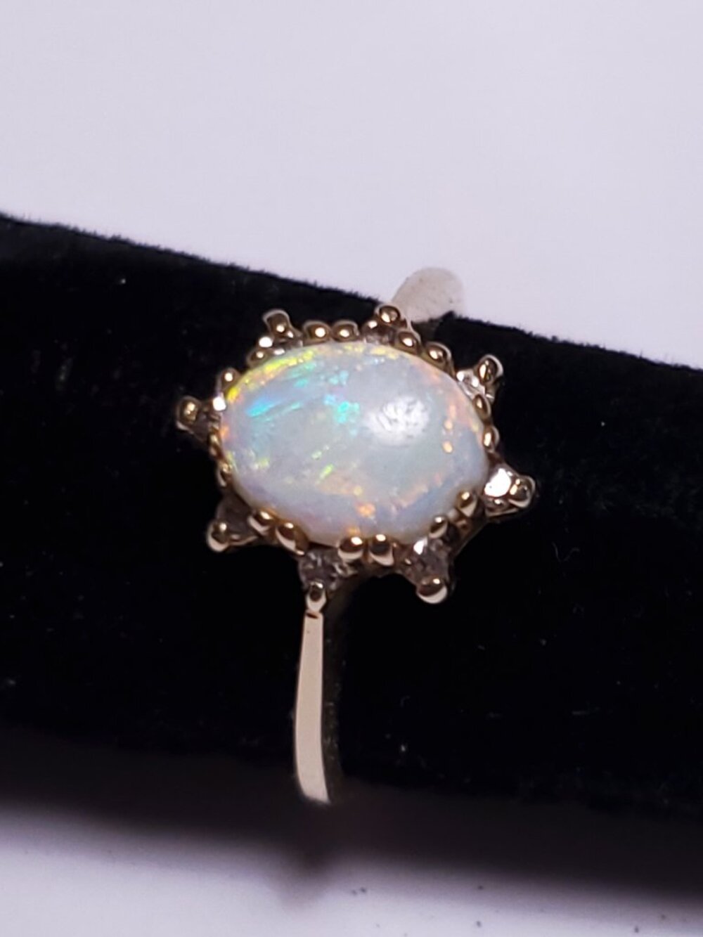 Vintage 8X6mm Oval Natural Precious Opal & Diamond Halo 14Kt YG S-5 Ring #24560